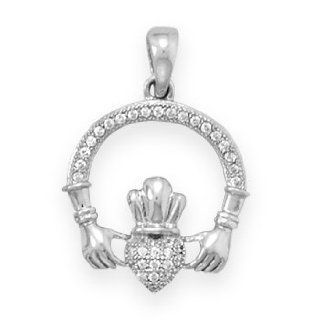 Sterling Silver Micro Pave CZ Claddagh Pendant Jewelry