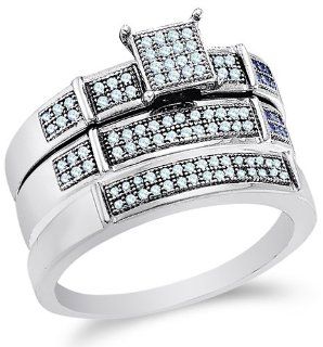 10K White Gold Diamond Mens and Ladies Couple His & Hers Trio 3 Three Ring Bridal Matching Engagement Wedding Ring Band Set   Square Princess Shape Center Setting w/ Micro Pave Set Round Diamonds   (.30 cttw)   SEE "PRODUCT DESCRIPTION" TO CH