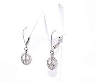 14K White Gold Diamond Peace Sign Earrings Dangle Earrings Jewelry