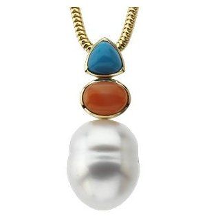 14K White Gold 12.00 mm/06.00 mm/08.00X06.00 South Sea Cultured Pearl, Genuine Turquoise And Genuine Coral Pendant Pendant Necklaces Jewelry