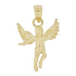 14k Yellow Gold, Small Size Detailed Angel In Flight Pendant Charm Jewelry