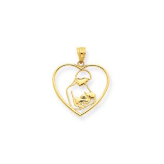 Jewelryweb 14k Yellow Gold Mother and Child in Heart Pendant