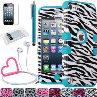 Pandamimi ULAK(TM) Hard Hybrid Impact Rubberize Leopard Skin Case Cover and Soft Inner Shell for Apple iPod Touch (Generation 5) + Screen Protector + Stylus + Stylwire(TM) Pink Heart Stereo Headphone (Zebra Skin/Blue) Cell Phones & Accessories