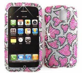 LG Optimus M MS690 Full Diamond Crystal, Pink Hearts on White Hard Case, Cover, Faceplate, SnapOn, Protector Cell Phones & Accessories