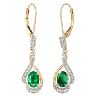 14k Gold 3/4 in. (19mm) tall Lever Back Dangle Earrings, w/ 0.13 Carat Brilliant Cut Diamonds & 2.40 Carats Oval Cut 7x5mm Emerald Stones Jewelry