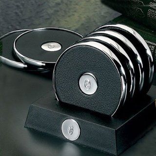 El Casco Chrome With Black Leather Inset Coasters With Stand (Set of 4)  