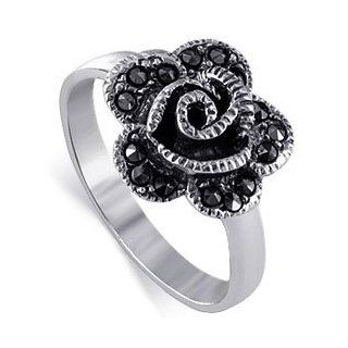 LWRS045 .925 Sterling Silver Diamond Cut Marcasite 3mm Wide Polish Finish Band Flower Ring Size 5 to 9 Jewelry