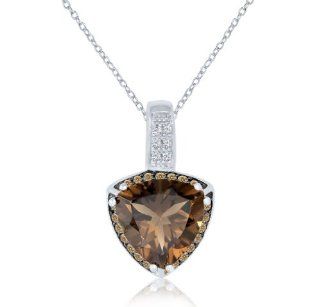 Sterling Silver Smokey Quartz and Champange and White Diamond Pendant Necklace with 18" Chain Jewelry