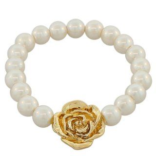 White Pearls Yellow Gold Tone Flowers Floral Design Stretch Cord Beaded Womens Bracelet Bangle Bracelets Jewelry