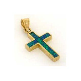 14k Yellow Gold Blue Green Opal Cross Pendant Charm Real Blue Green Opal Jewelry Jewelry