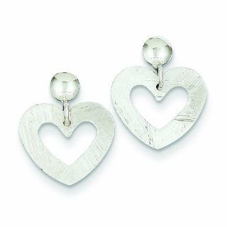 14K White Gold Brushed & Polished Heart Dangle Post Earrings Jewelry