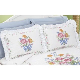 Floral Medley Pillow Sham Pair Stamped Cross Stitch Kit  