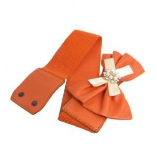Plastic Rhinestone Inlaid Ribbon Decor Orange Stretch Cinch Belt for Lady