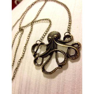 Vintage Steampunk Nautical Style Antiqued Bronze Octopus Necklace 28 inch Long Chain Jewelry