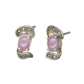 .925 Sterling Silver Marcasite in Ribbon shape Centered Oval Shaped Genuine Purple Jade Earrings Silver Empire Jewelry Jewelry