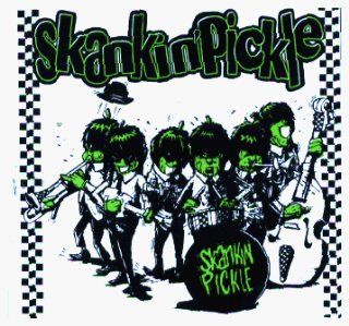Skankin Pickle   Logo with Cartoon Band on White with Ska Checkers   Sticker / Decal Automotive