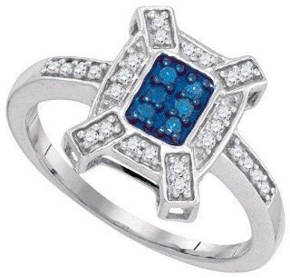 0.20 Carat (ctw) 10K White Gold Round Cut White & Blue Diamond Ladies Micro Pave Right Hand Ring 1/5 CT Jewelry