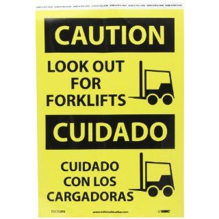 NMC ESC722PB Bilingual OSHA Sign, Legend "CAUTION   LOOK OUT FOR FORKLIFTS" with Graphic, 10" Length x 14" Height, Pressure Sensitive Vinyl, Black On Yellow Industrial Warning Signs