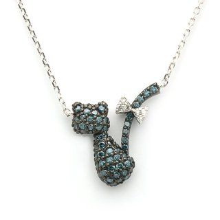14K Gold Diamond 18" Necklace 0.43ct Round Blue Diamond Fancy Cat Pendant Chain (G H, SI1) Jewelry