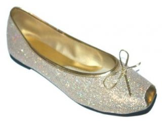 Womens Gold Glitter Bow Flats (7) Shoes