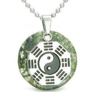 Yin Yang BA GUA Eight Trigrams Amulet Green Moss Agate Magic Gemstone Stainless Steel Circle Spiritual Powers Pendant on 22" Necklace Best Amulets Jewelry