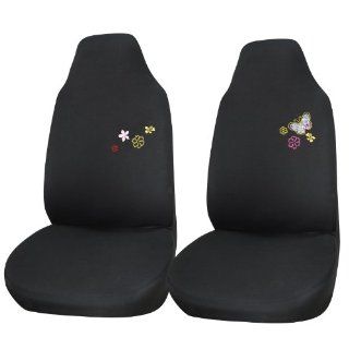 Adeco CV0234 2 Piece Car Vehicle Front Seat Cover Set   Universal Fit,Black Color with Butterfly & Flower Embroidery, Interior Decoration Automotive
