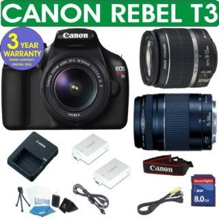 CANON REBEL T3 DIGITAL CAMERA BODY + CANON 18 55 IS LENS + CANON 75 300 ZOOM LENS + 8GB MEMORY CARD + HOLSTER CASE + EXTRA BATTERY + 6 PIECE STARTER KIT + 3 YEAR CELLTIME WARRANTY  Slr Digital Cameras  Camera & Photo