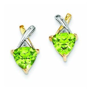 Genuine 14K Yellow Gold & Rhodium Peridot And White Topaz Trillion Post Earrings 1.75 Grams of Gold Mireval Jewelry
