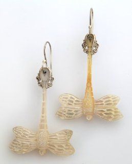 737 Beautiful Golden Dragonfly shell Earrings/ Organic / Silver Jewelry of Bali Dangle Earrings Jewelry