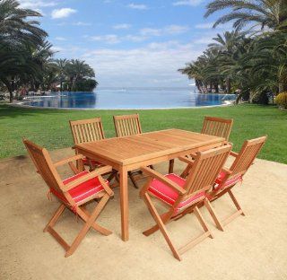 LuuNguyen   Winarm Outdoor Hardwood 7 Piece Dining Set with Cushions (Natural Wood Finish)   Tango Red  Patio Dining Sets  Patio, Lawn & Garden