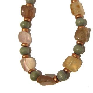 Fluorite Necklace 01 Choker Beaded Crystal Healing Nugget Stone Gray Wood Copper Gemstone Chunky 16" Jewelry