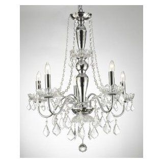 ELEGANT 5 LIGHT CRYSTAL CHANDELIER PENDANT LIGHTING FIXTURE LIGHT LAMP. SWAG PLUG IN CHANDELIER W/ 14' FEET OF HANGING CHAIN AND WIRE    