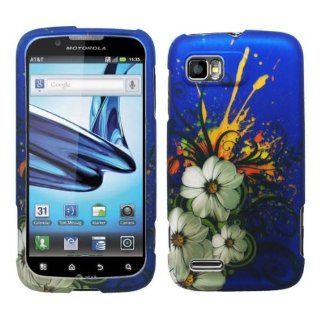 Navy Blue White Flower Green Vine Design Rubberized Snap on Hard Shell Cover Protector Faceplate Skin Case for AT&T Motorola Atrix 2 MB865 + LCD Screen Guard Film + Mini Phone Stand + Case Opener Cell Phones & Accessories