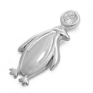 Sterling Silver Penguin Pendant with Clear Cubic Zirconia   Height 32mm Jewelry