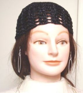 Hand Crocheted Black Metallic Gimp Skull Cap for Women and Teens