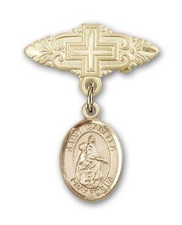 JewelsObsession's 14K Gold Baby Badge with St. Isabella of Portugal Charm and Badge Pin with Cross Brooches And Pins Jewelry