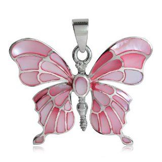 Pink Mother of Pearl Inlay 925 Sterling Silver Butterfly Pendant Jewelry