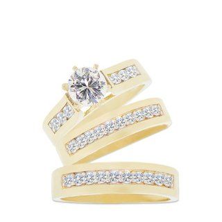 14k Yellow Gold, Trio Three Piece Wedding Ring Set with Lab Created Gems Wedding Rings For Him And Her Yellow Gold Jewelry