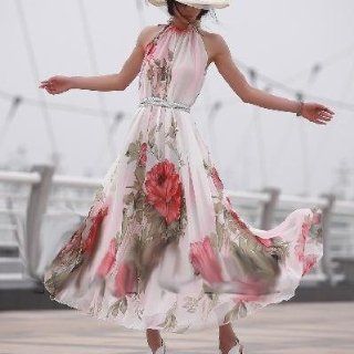 2013 New Hot Women Summer Elegant Boho Lotus Leaf Big Hem Chiffon Maxi Flowers Dress Clothing