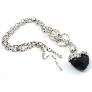 Jet Black Multifaceted Plastic Heart Silver Tone Long Costume Pendant Jewelry