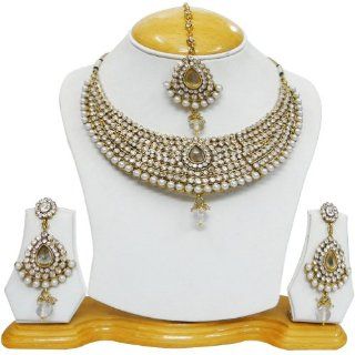 Wedding Wear Gold Tone CZ Pearl Necklace Set Indian Bridal Saree Party Wear Jewelry Jewelry