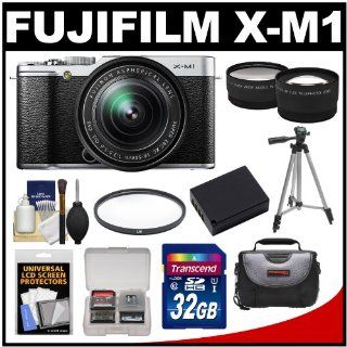Fujifilm X M1 Digital Camera & 16 50mm XC Lens (Silver) with 32GB Card + Battery + Case + Filter + Tripod + Tele/Wide Lens Kit  Compact System Camera Bundles  Camera & Photo