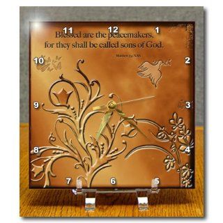 3dRose dc_37588_1 Blessed Are The Peacemakers Matthew 5 V9 Floral with Dove and Butterflies on Copper Background Desk Clock, 6 by 6 Inch  