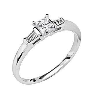 14K White Gold Solitaire 1/4 CT Center Princess cut Diamond with Baguette Side stone Ladies Women Wedding Engagement Ring Band (3/8 CTW., G H Color, SI Clarity) GoldenMine Jewelry