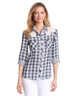 Two by Vince Camuto Women's Plaid With Lace Western Shirt, New Navy, Large