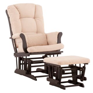 Storkcraft Tuscany Glider and Ottoman with Free Lower Lumbar Pillow   Black Finish with Beige Cushions   Nursery Gliders & Rockers