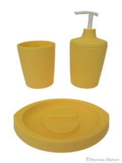Kids Bathroom Retro Yellow Plastic Accessory Set (Lotion Pump/Soap Dish/Tumbler)  