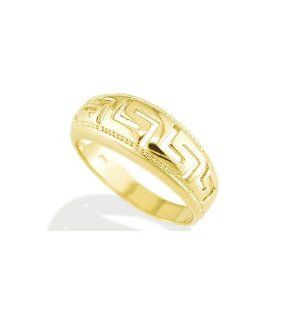 Solid 14k Yellow Gold Domed Greek Key Women's Band Ring Jewelry