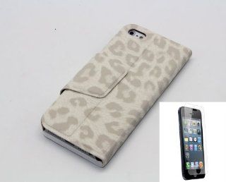 White   iPhone 5 Premium Quality Leopard PU Leather Magnetic Flip Wallet / Purse Stand Case For Apple iPhone 5 (WITH Clear Front Screen Protector) 