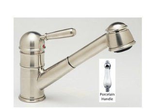 Rohl R77V3LPSTN Single Porcelain Lever Country Kitchen Faucet with Double Check Valve and Pullout Hose, Satin Nickel   Touch On Kitchen Sink Faucets  